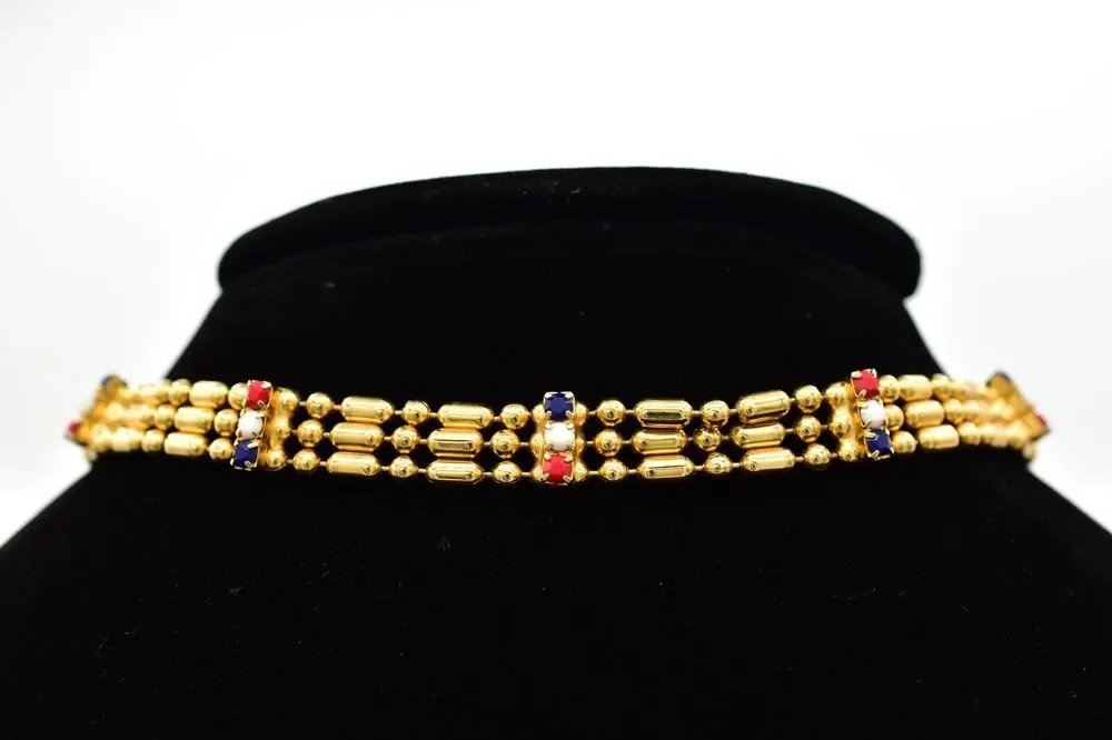 Vintage Choker Necklace Red White Blue Crystal Gold Tone USA Flag 1980s BinA17